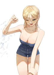 1girl arm_on_own_leg bare_shoulders blonde_hair blue_eyes blush breasts cleavage collarbone commentary denim denim_shirt denim_shorts highres large_breasts long_hair looking_at_viewer mole mole_on_breast off-shoulder_shirt off_shoulder one_eye_closed open_mouth original shirt short_shorts shorts simple_background smile solo symbol-only_commentary tesin_(7aehyun) white_background