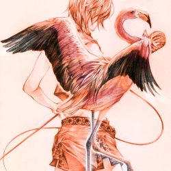 Rule 34 | 1girl, belt, bird, female focus, flamingo, highres, meiko (vocaloid), microphone, microphone stand, monochrome, red theme, short hair, skirt, solo, traditional media, vocaloid
