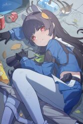 1girl absurdres animal_ears bird black_gloves black_hair blue_archive blue_shirt blue_skirt bolt_action bottle can chiyo_akira drink_can fake_animal_ears gloves green_neckerchief grey_halo gun halo highres leaf leaf_on_head long_hair looking_at_viewer lying miyu_(blue_archive) mosin-nagant neckerchief on_side pantyhose rabbit_ears recycle_bin red_eyes rifle sailor_collar shirt shoe_print skirt soda_can solo sweatdrop weapon white_pantyhose white_sailor_collar