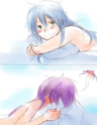 Rule 34 | &gt; &lt;, 00s, 2girls, :&lt;, afterglow, aftersex, bed, beni shouga, blue hair, blush, breast press, closed eyes, covering privates, covering face, embarrassed, giving up the ghost, green eyes, hair ribbon, hiiragi kagami, izumi konata, long hair, looking at viewer, lucky star, lying, messy hair, mole, mole under eye, multiple girls, nude, nude cover, hugging object, on stomach, pillow, pillow grab, pillow hug, purple hair, ribbon, ruined for marriage, sketch, smile, twintails, yuri