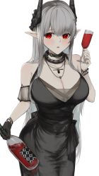 Rule 34 | 1girl, :o, absurdres, arknights, bare shoulders, black dress, black gloves, blush, bottle, bracelet, breasts, cleavage, collar, covered navel, cowboy shot, cup, detached sleeves, dress, drink, drinking glass, gloves, grey hair, highres, holding, holding bottle, holding cup, horns, infection monitor (arknights), jewelry, kajuu, large breasts, long hair, looking at viewer, mudrock (arknights), mudrock (obsidian) (arknights), necklace, official alternate costume, open mouth, pointy ears, red eyes, see-through, short sleeves, simple background, single glove, solo, very long hair, white background