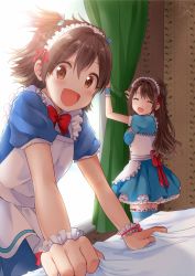 Rule 34 | 2girls, :d, akagi miria, alternate costume, alternate hairstyle, apron, bed sheet, bedroom, black hair, blue bow, blue dress, blue thighhighs, blush, bodice, bow, braid, breasts, brown eyes, collared dress, curtains, day, dot nose, dress, enmaided, eyes visible through hair, frilled apron, frilled legwear, frills, hair bow, idolmaster, idolmaster cinderella girls, indoors, leaning forward, light rays, long hair, looking at viewer, maid, maid headdress, medium breasts, multiple girls, open mouth, parted bangs, petticoat, puffy short sleeves, puffy sleeves, red bow, red neckwear, shimamura uzuki, short hair, short sleeves, short twintails, single braid, smile, striped clothes, striped legwear, striped thighhighs, sunbeam, sunlight, tarachine, tareme, thighhighs, twintails, two side up, waist apron, wavy hair, white apron, window, wrist cuffs, zettai ryouiki