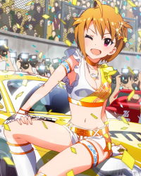 Rule 34 | 10s, 1girl, ;d, ahoge, artist request, audience, blush, breasts, brown hair, car, choker, cleavage, confetti, crop top, fingerless gloves, gloves, hair ornament, ibuki tsubasa, idolmaster, idolmaster million live!, jewelry, midriff, motor vehicle, navel, necklace, official art, one eye closed, open mouth, pink eyes, race queen, short hair, shorts, smile, solo focus, vehicle, wink