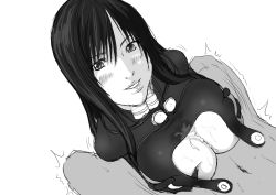 Rule 34 | 1girl, black bodysuit, black hair, blush, bodysuit, breasts squeezed together, breasts, cum, cum on body, cum on breasts, cum on upper body, from above, gantz, gantz suit, highres, iwao178, large breasts, legs, long hair, looking at viewer, lying, monochrome, navel, paizuri, parted lips, shimohira reika, simple background, smile, solo focus, sweat, thighs, trembling, upper body, white background, white eyes