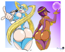 Rule 34 | 2girls, adapted costume, aqua eyes, ass, ass cutout, back, back cutout, bare shoulders, blonde hair, blue eyes, breasts, capcom, circlet, clothing cutout, cosplay, crystal ball, curvy, dark-skinned female, dark skin, domino mask, from behind, heart cutout, highleg, highleg leotard, huge ass, large breasts, leotard, long hair, looking at viewer, looking back, mask, menat, multiple girls, noriyuki works, open mouth, purple hair, rainbow mika, rainbow mika (cosplay), revealing clothes, shiny skin, short hair, sideboob, smile, street fighter, street fighter v, thong, thong leotard, twintails, very long hair