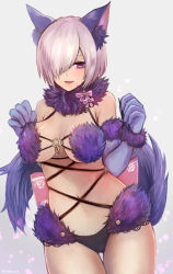 Rule 34 | 1girl, :d, animal ears, artist name, bad id, bad pixiv id, bare shoulders, blush, bow, breasts, cleavage, cowboy shot, elbow gloves, fang, fate/grand order, fate (series), fur-trimmed gloves, fur collar, fur trim, gloves, grey background, hair over one eye, halloween costume, highres, kemonomimi mode, large breasts, looking at viewer, mash kyrielight, mash kyrielight (dangerous beast), navel, o-ring, official alternate costume, open mouth, pink bow, pink eyes, pink hair, purple gloves, revealing clothes, short hair, simple background, smile, solo, standing, stomach, tail, thigh gap, twitter username, wolf ears, wolf tail, yukihama
