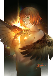 Rule 34 | 1girl, akakokko (niro azarashi), birdmen, breasts, brown wings, character name, character request, commentary request, feathered wings, freckles, green eyes, highres, light rays, navel, nipples, nude, orange hair, parted lips, short hair, simple background, small breasts, solo, wings