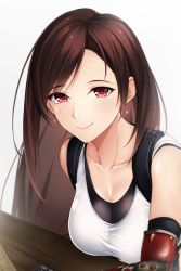 Rule 34 | 1girl, absurdres, bare shoulders, blush, breasts, brown hair, closed mouth, commentary request, earrings, final fantasy, final fantasy vii, final fantasy vii remake, highres, jewelry, lips, long hair, looking at viewer, medium breasts, red eyes, shiny skin, simple background, sleeveless, smile, solo, tank top, tifa lockhart, upper body, white background, white tank top, yumemo