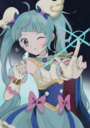 Rule 34 | 1girl, absurdres, ahoge, blue cape, blue eyes, blue hair, brooch, cape, cure sky, detached sleeves, highres, hirogaru sky! precure, jewelry, long hair, magical girl, mirage pen, one eye closed, precure, puffy detached sleeves, puffy sleeves, sakuraba wm, single sidelock, sky mirage, solo, sora harewataru, twintails, two-sided cape, two-sided fabric, wing brooch, wing hair ornament