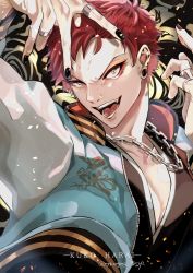 Rule 34 | 1boy, bad id, bad pixiv id, black nails, chain, chain necklace, character name, ear piercing, fangs, harai kuko, highres, hypnosis mic, jacket, jewelry, letterman jacket, looking at viewer, male focus, mayuge (ugm zzz), multicolored background, nail polish, necklace, piercing, red hair, ring, smile, solo, twitter username, yellow eyes