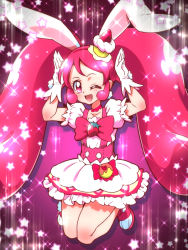 Rule 34 | 10s, 1girl, ;d, animal ears, bow, rabbit ears, cake hair ornament, choker, cure whip, dress, earrings, extra ears, food, food-themed hair ornament, food-themed ornament, fruit, full body, gloves, hair ornament, jumping, kirakira precure a la mode, long hair, magical girl, one eye closed, open mouth, pink background, pink bow, pink eyes, pink footwear, pink hair, pink theme, pom pom (clothes), pom pom earrings, precure, shoes, smile, solo, star (symbol), strawberry, tj-type1, twintails, usami ichika, white dress, white gloves