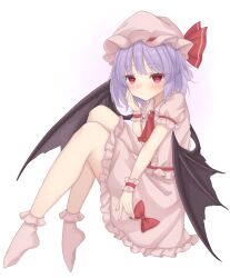 Rule 34 | absurdres, ascot, bat wings, blush, bobby socks, collared shirt, frilled shirt collar, frilled skirt, frilled sleeves, frills, gaden19, hand on own face, hat, highres, light purple hair, looking at viewer, mob cap, no shoes, pink hat, pink shirt, pink skirt, pink socks, puffy short sleeves, puffy sleeves, red ascot, red eyes, remilia scarlet, shirt, short hair, short sleeves, sitting, skirt, skirt set, socks, touhou, wings, wrist cuffs