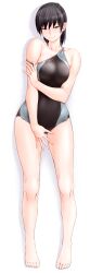 Rule 34 | 1girl, amagami, barefoot, black hair, breasts, clothes pull, commentary request, competition swimsuit, feet, full body, highres, looking at viewer, medium breasts, one-piece swimsuit, one-piece swimsuit pull, ponytail, sasaki akira (ugc), simple background, single off shoulder, smile, solo, standing, swimsuit, toes, tsukahara hibiki, white background