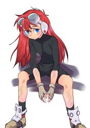 Rule 34 | 1boy, bike shorts, blue eyes, closed mouth, feet out of frame, fingerless gloves, gloves, goggles, grandia, grandia i, highres, justin (grandia), long hair, looking at viewer, male focus, red hair, simple background, solo, white background, zyushi10