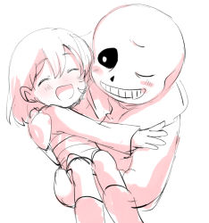 Rule 34 | 1boy, 1girl, blush, closed eyes, flower, frisk (undertale), head tilt, hug, jacket, long sleeves, looking at another, open clothes, open jacket, open mouth, sans (undertale), short hair, shorts, simple background, skeleton, smile, solo, striped clothes, striped sweater, sweater, undertale, white background, xox xxxxxx