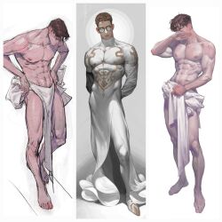 Rule 34 | 1boy, abs, an kyoung, arms behind back, brown hair, closed eyes, clothes, covering face, glasses, green eyes, halo, highres, loincloth, looking at viewer, looking down, male focus, muscular, muscular male, naked towel, navel, nipples, original, pectorals, short hair, skin tight, tight clothes, towel, variations, white tunic