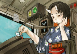 Rule 34 | 1girl, back to the future, bird, brown eyes, brown hair, buttons, head rest, closed mouth, cockpit, collarbone, day, ebimomo, english text, floral print, flux capacitor, horns, intel, japanese clothes, kimono, note, obi, oni, oni horns, original, sash, short hair, sitting, sky, solo, the big o, translation request