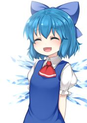 Rule 34 | 1girl, arms behind back, ascot, blue dress, blue hair, bow, cirno, closed eyes, dress, hair bow, highres, ice, ice wings, nakamura kusata, open mouth, short hair, simple background, smile, solo, touhou, upper body, white background, wings