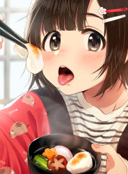 Rule 34 | 1girl, 2019, black eyes, blush, bowl, brown hair, chopsticks, commentary, eating, flower, food, hair between eyes, hair flower, hair ornament, hairclip, holding, holding bowl, looking at viewer, new year, open mouth, original, solo, tongue, tongue out, tsukana (saba mizore), zouni soup
