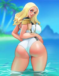Rule 34 | 1girl, alternate costume, alternate hairstyle, ass, beach, black one-piece swimsuit, blonde hair, blue eyes, breasts, capcom, ed (edemevas), epaulettes, eyebrows, eyelashes, from behind, hands on own hips, highres, huge ass, kolin, large breasts, lips, looking at viewer, looking back, medium hair, mountain, ocean, one-piece swimsuit, palm tree, sky, solo, standing, street fighter, street fighter v, swimsuit, thick lips, thick thighs, thighs, tree, two-tone swimsuit, water, white one-piece swimsuit, wide hips