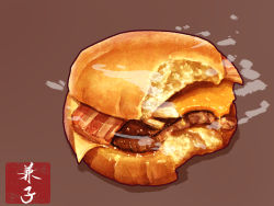 Rule 34 | bacon, bread bun, brown background, cheese, food, food focus, burger, highres, kaneko ryou, meat, no humans, original, pastry, realistic, simple background, steam, still life, translation request