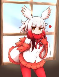 Rule 34 | 1girl, aticotta, blunt bangs, blush, brown eyes, closed mouth, gloves, head wings, highres, index finger raised, japanese crested ibis (kemono friends), kemono friends, long sleeves, looking at viewer, medium hair, pantyhose, pleated skirt, pointing, pointing at self, red gloves, red hair, red pantyhose, red skirt, sidelocks, skirt, smile, solo, white hair, wings