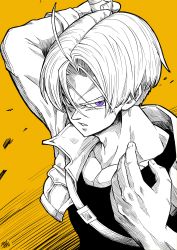 Rule 34 | 1boy, absurdres, dragon ball, dragonball z, greyscale with colored background, hair over eyes, highres, holding, holding sword, holding weapon, jacket, liedein, looking at viewer, male focus, monochrome, muscular, muscular male, open mouth, purple eyes, serious, short hair, simple background, solo, sword, sword behind back, trunks (dragon ball), trunks (future) (dragon ball), weapon, yellow background