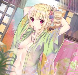 Rule 34 | 1girl, arms behind head, arms up, backlighting, window blinds, blonde hair, blurry, blush, breasts, cleavage, closed mouth, collarbone, day, depth of field, drill hair, dutch angle, floral print, flower, green kimono, groin, hair flower, hair ornament, hair tie, indoors, japanese clothes, kimono, long sleeves, looking at viewer, medium breasts, mouth hold, navel, open clothes, open kimono, original, out-of-frame censoring, pink eyes, print kimono, short hair with long locks, sidelocks, sliding doors, smile, solo, stomach, tying hair, wanruo jifeng, wide sleeves