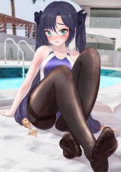 Rule 34 | 1girl, alternate costume, aqua eyes, arm support, ass, bae.c, bare arms, bare shoulders, black hair, black pantyhose, blush, bow, breasts, competition swimsuit, feet, fine fabric emphasis, genshin impact, hair bow, highres, knees up, long hair, looking at viewer, medium breasts, mona (genshin impact), no shoes, nose blush, one-piece swimsuit, open mouth, pantyhose, pantyhose under swimsuit, pool, purple one-piece swimsuit, shiny clothes, shiny legwear, sitting, solo, swimsuit, thighband pantyhose, toes, twintails, very long hair