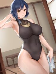 Rule 34 | 1girl, absurdres, armpits, bare shoulders, blue hair, bodystocking, breasts, cameltoe, closed mouth, unworn clothes, commentary, covered erect nipples, cowboy shot, dutch angle, genshin impact, hand up, highres, indoors, kujou sara, large breasts, looking at viewer, revision, shikube, solo, sweat, table, yellow eyes