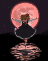 Rule 34 | 1girl, black theme, blonde hair, closed eyes, dress, embodiment of scarlet devil, female focus, full moon, hair ribbon, mitsumoto jouji, moon, moonlight, necktie, night, night sky, outstretched arms, red moon, ribbon, ripples, rumia, shoes, short hair, sky, smile, socks, solo, spread arms, standing, standing on liquid, touhou, water