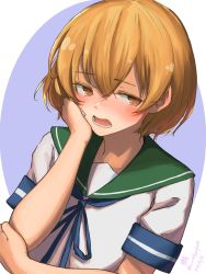 Rule 34 | 1girl, bandaid, bandaid on face, blush, brown eyes, character name, dated, green sailor collar, hair between eyes, hand on own face, highres, kantai collection, light brown hair, oboro (kancolle), open mouth, sailor collar, school uniform, serafuku, short hair, short sleeves, solo, twitter username, two-tone background, umibudou, upper body