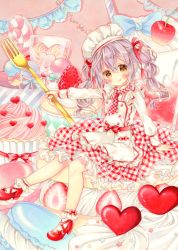 Rule 34 | 1girl, :q, apron, ascot, bad id, bad pixiv id, blush, bobby socks, bow, brown eyes, buttons, cake, candy, chef hat, cherry, commentary, cupcake, double-breasted, feet out of frame, food, footwear bow, fork, frilled apron, frills, fruit, hair between eyes, hair ribbon, hat, head tilt, heart, heart-shaped lollipop, highres, holding, holding fork, in food, lollipop, long hair, long sleeves, looking at viewer, macaron, marker (medium), mini person, minigirl, multi-tied hair, original, outstretched arm, petticoat, plaid, plaid ascot, plaid neckwear, plaid skirt, purple hair, puu (kari---ume), red ascot, red footwear, red ribbon, red skirt, ribbon, shaped lollipop, shirt, shoes, sitting, skirt, socks, solo, star (symbol), strawberry, sweets, swirl lollipop, symbol-only commentary, tongue, tongue out, traditional media, twintails, white hat, white shirt, white socks