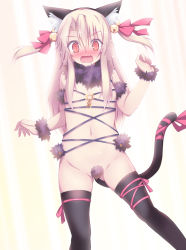Rule 34 | 1girl, @ @, akina t, animal ears, bell, black hairband, black thighhighs, blonde hair, blush, cat ears, cat girl, cat tail, commentary request, cosplay, embarrassed, fake animal ears, fate/grand order, fate/kaleid liner prisma illya, fate (series), flat chest, gluteal fold, hair bell, hair between eyes, hair censor, hair ornament, hairband, highres, illyasviel von einzbern, jingle bell, legs apart, long hair, looking at viewer, mash kyrielight, mash kyrielight (dangerous beast), mash kyrielight (dangerous beast) (cosplay), navel, nose blush, official alternate costume, open mouth, red eyes, revealing clothes, shielder (fate/grand order) (cosplay), solo, standing, stomach, tail, tareme, thighhighs, two side up, wavy mouth, yellow background