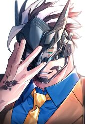 Rule 34 | 1boy, bara, beard, covering face, doku (hitori ox), facial hair, green eyes, grey hair, hair slicked back, hair strand, half-closed eyes, hand tattoo, highres, horned mask, male focus, mask, mature male, multicolored hair, mutton chops, necktie, oscar (housamo), portrait, sad, short hair, smile, solo, tattoo, thick eyebrows, tokyo houkago summoners, two-tone hair, white hair, yellow necktie