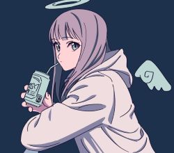 Rule 34 | 1girl, aqua eyes, blue background, brown hair, can, closed mouth, detached wings, drinking straw, grey hoodie, halo, highres, holding, holding can, hood, hood down, hoodie, kashiwa (iersansi), long hair, looking at viewer, mini wings, original, simple background, solo, upper body, wings