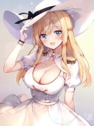 Rule 34 | 1girl, alice gear aegis, alternate eye color, arm behind back, blonde hair, blush, braid, breasts, buttons, cleavage, collared dress, double-breasted, dress, epaulettes, french braid, gradient background, green eyes, hair between eyes, hat, highres, holding, holding clothes, holding hat, kakerayuri, long hair, looking at viewer, medium breasts, medium dress, merabuchi kanami, military uniform, open mouth, puffy short sleeves, puffy sleeves, scoop neck, short sleeves, simple background, smile, solo, sun hat, uniform, white dress, wristband