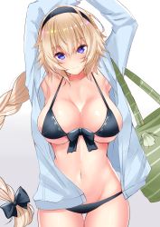 Rule 34 | 1girl, armpits, arms up, bag, bare shoulders, bikini, black bikini, black bow, blonde hair, blue eyes, blue jacket, blush, bow, braid, breasts, cleavage, closed mouth, collarbone, fate/grand order, fate (series), hair between eyes, hair bow, hairband, highres, hip focus, hood, hoodie, jacket, jeanne d&#039;arc (fate), jeanne d&#039;arc (ruler) (fate), jeanne d&#039;arc (swimsuit archer) (fate), jeanne d&#039;arc (swimsuit archer) (first ascension) (fate), large breasts, long braid, long hair, looking at viewer, navel, open clothes, open jacket, sankakusui, shiny skin, shoulder bag, single braid, solo, swimsuit, thighs, white background