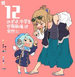 Rule 34 | 1boy, 1girl, aqua hair, beret, blonde hair, blue footwear, blue headwear, bow choker, choker, color guide, comic cover, copyright request, eyewear on head, goat horns, green skirt, grey tank top, hair ornament, hand on own hip, hat, highres, horns, jacket, karaagetarou, long sleeves, open clothes, open jacket, open mouth, pointing, pointing at another, red eyes, sandals, shoes, skirt, sleeveless, socks, sunglasses, tank top, translation request, white socks