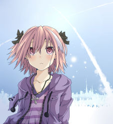 Rule 34 | 1boy, astolfo (fate), astolfo (memories at trifas) (fate), braid, casual, contemporary, fang, fate/apocrypha, fate (series), hair ribbon, highres, long hair, looking at viewer, male focus, official alternate costume, open mouth, pink hair, purple eyes, ribbon, shika tsui, shirt, single braid, solo, striped clothes, striped shirt, trap