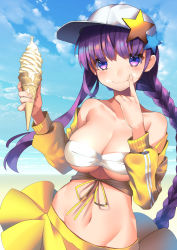 Rule 34 | 1girl, bandeau, bare shoulders, baseball cap, bb (fate), bb (fate) (all), bb (swimsuit mooncancer) (fate), bb (swimsuit mooncancer) (first ascension) (fate), bikini, bikini skirt, blush, braid, breasts, cloud, collarbone, day, fang, fate/grand order, fate (series), finger to cheek, fingersmile, food, food on face, front-tie top, hat, highres, ice cream, ice cream cone, jacket, large breasts, long braid, long hair, looking at viewer, navel, off shoulder, pleated skirt, purple eyes, purple hair, revealing clothes, shirt, single braid, skirt, sky, slumcat, smile, solo, star (symbol), strapless, swimsuit, tied shirt, underboob, very long hair, yellow jacket, yellow skirt