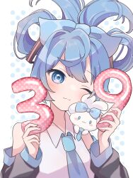 Rule 34 | 1girl, 39, alternate hairstyle, bare shoulders, black sleeves, blue eyes, blue hair, blue necktie, blush, cinnamiku, cinnamoroll, closed mouth, collared shirt, commentary, cowlick, detached sleeves, doll, floating hair, hair ornament, hatsune miku, head tilt, heart, heart-shaped pupils, highres, holding, long bangs, looking at viewer, messy hair, miku day, necktie, one eye closed, sanrio, shirt, short hair, sidelocks, signature, sleeveless, sleeveless shirt, smile, symbol-shaped pupils, updo, upper body, vocaloid, wavy mouth, white shirt, yorukumo kana