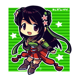 Rule 34 | 1girl, black gloves, black hair, brown eyes, brown footwear, chibi, chibi only, chinese clothes, clenched hand, double bun, fingerless gloves, flower, full body, gloves, guan yinping, hair bun, hair flower, hair ornament, kotorai, long hair, looking at viewer, no nose, open mouth, pleated skirt, red skirt, shin sangoku musou, skirt, solo, standing, tassel