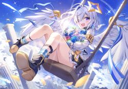 Rule 34 | 1girl, absurdres, amane kanata, amane kanata (1st costume), angel wings, armband, black footwear, black skirt, blue hair, blue sky, blush, boots, bouquet, cloud, colored inner hair, commentary request, feathered wings, flower, frilled skirt, frills, grey hair, halo, hanen (borry), highres, holding, holding bouquet, hololive, long sleeves, looking at viewer, medium hair, miniskirt, multicolored hair, open mouth, purple eyes, shirt, single hair intake, sitting, skirt, sky, sleeve cuffs, solo, star halo, swing, virtual youtuber, white shirt, wings