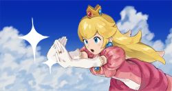 Rule 34 | 1girl, attack, blonde hair, blue eyes, blue sky, breasts, brooch, cloud, crown, dress, earrings, elbow gloves, eyelashes, gloves, hands up, highres, jewelry, jors, leaning forward, lips, long hair, looking to the side, mario (series), medium breasts, nintendo, open hands, open mouth, outstretched arms, pink dress, pink lips, princess, princess peach, puffy short sleeves, puffy sleeves, ring, short sleeves, sky, smile, solo, sparkle, super mario bros. 1, super smash bros., white gloves