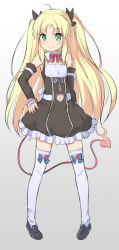 Rule 34 | 1girl, ahoge, astarotte ygvar, bare shoulders, black dress, black footwear, black ribbon, blonde hair, blush, closed mouth, clothing cutout, demon girl, demon tail, detached sleeves, dress, frilled dress, frills, full body, gradient background, green eyes, grey background, hair ribbon, hand on own hip, heart cutout, loafers, long hair, long sleeves, lotte no omocha!, navel, navel cutout, nekono rin, parted bangs, pointy ears, ribbon, shoes, sidelocks, sleeveless, sleeveless dress, smile, solo, standing, tail, thighhighs, two side up, very long hair, white background, white thighhighs