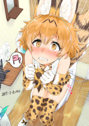 Rule 34 | 10s, 1girl, 2017, animal ears, bare shoulders, blonde hair, blush, bow, bowtie, breasts, clenched hands, clenched teeth, dated, drooling, elbow gloves, gloves, kemono friends, looking at viewer, mokyutan, motion lines, open mouth, serval (kemono friends), serval print, serval tail, short hair, sitting, skirt, sleeveless, solo focus, speech bubble, tail, teeth, thighhighs, toilet, toilet use, yellow eyes
