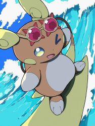 612ml alolan_form alolan_raichu bright_pupils creatures_(company) game_freak gen_7_pokemon green_eyes highres nintendo one_eye_closed open_mouth pokemon pokemon_(creature) smile sunglasses surfing tail water white_pupils