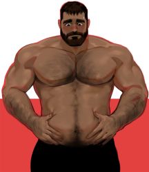 Rule 34 | 1boy, arm hair, bara, beard, biceps, black eyes, blush, chest hair, dopey (dopq), facial hair, grabbing, hairy, hand on own stomach, highres, large pectorals, looking down, male focus, manly, mature male, muscular, muscular male, navel, navel hair, nipples, original, pants, pectorals, short hair, solo, sweat, sweatdrop, thick arms, thick eyebrows, topless male