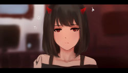 Rule 34 | 1girl, bare shoulders, black hair, black shirt, blouse, blurry, blurry background, closed mouth, collarbone, demon girl, framed, hand on shoulder, horns, indoors, letterboxed, looking at viewer, original, portrait, red eyes, red horns, red sweater, shimmer, shirt, short hair, solo focus, sweater, yuri